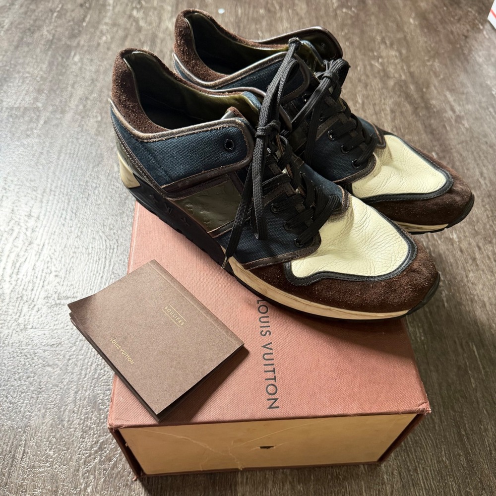 Louis Vuitton Run Away Sneakers Mens 9.5 Brown Navy Olive Leather Suede